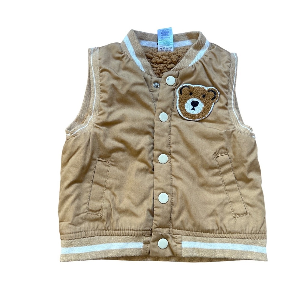 Little Lad Varsity Vest Kids Tan‎ Excellent Sherpa Lined Bear Patch SIZE 2T